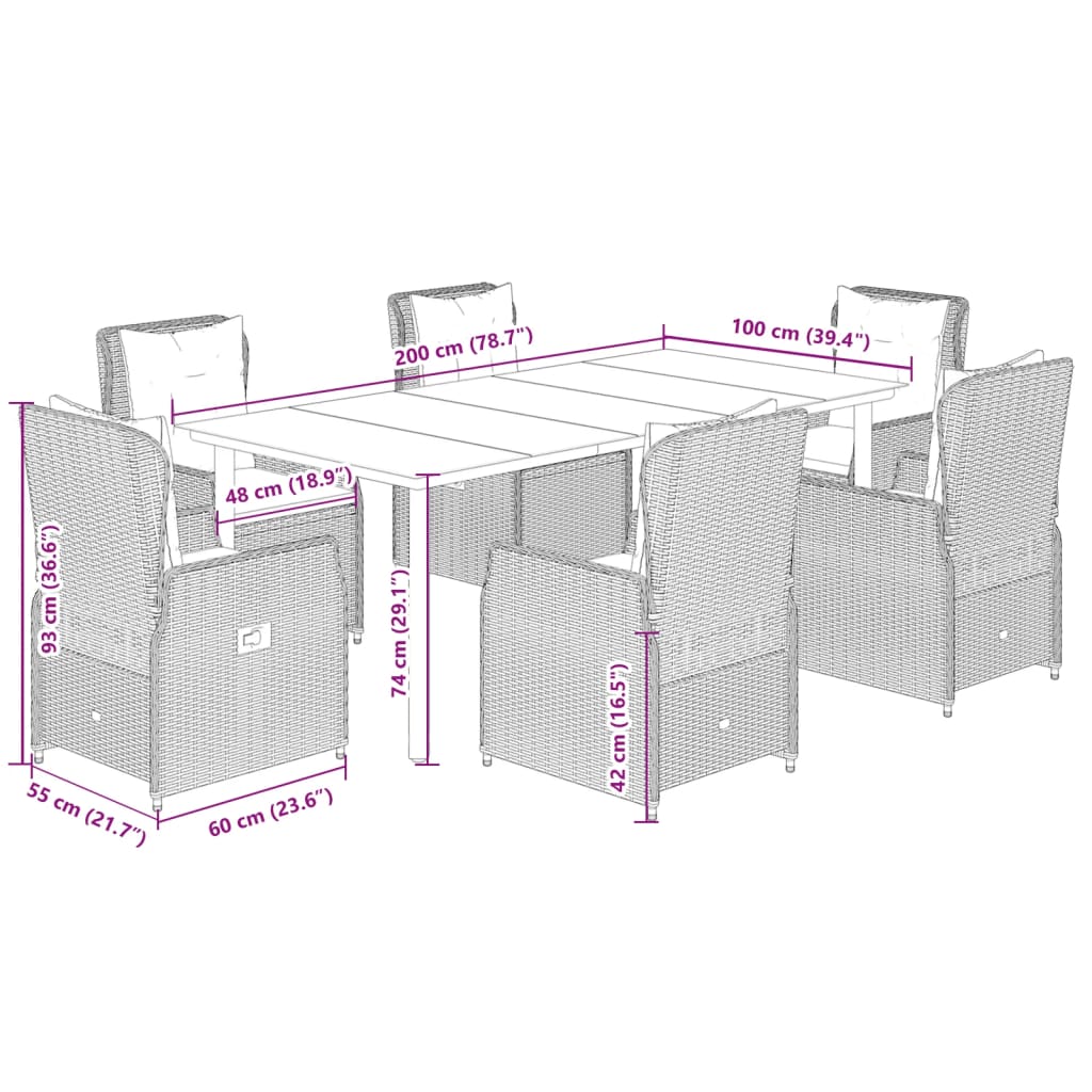 7-tlg. Garten-Essgruppe mit Kissen Hellgrau Poly Rattan