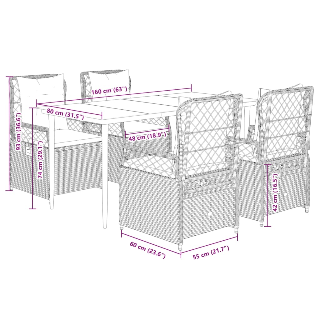 5-tlg. Garten-Essgruppe mit Kissen Braun Poly Rattan