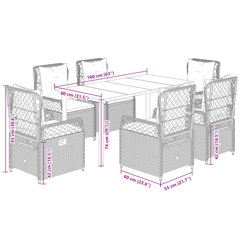 7-tlg. Garten-Essgruppe mit Kissen Braun Poly Rattan