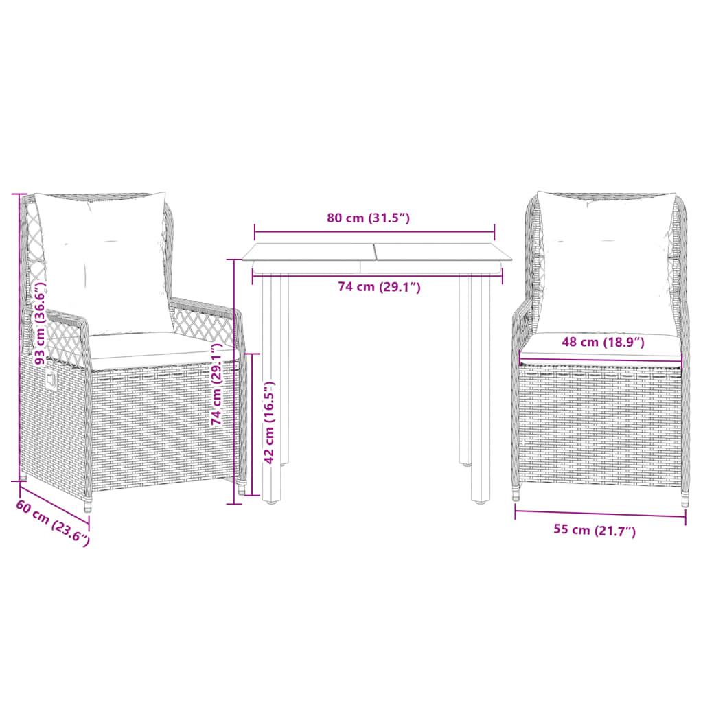 3-tlg. Garten-Essgruppe mit Kissen Beige Poly Rattan