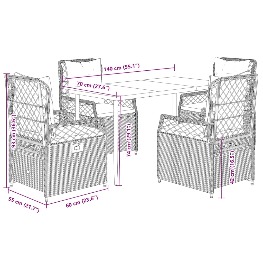 5-tlg. Garten-Essgruppe mit Kissen Beige Poly Rattan