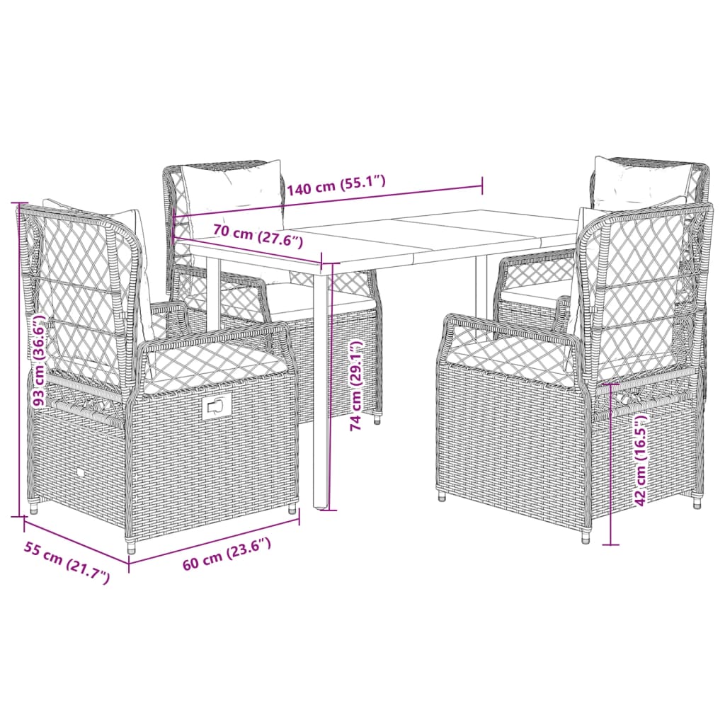 5-tlg. Garten-Essgruppe mit Kissen Beige Poly Rattan
