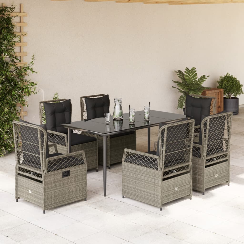 7-tlg. Garten-Essgruppe mit Kissen Hellgrau Poly Rattan