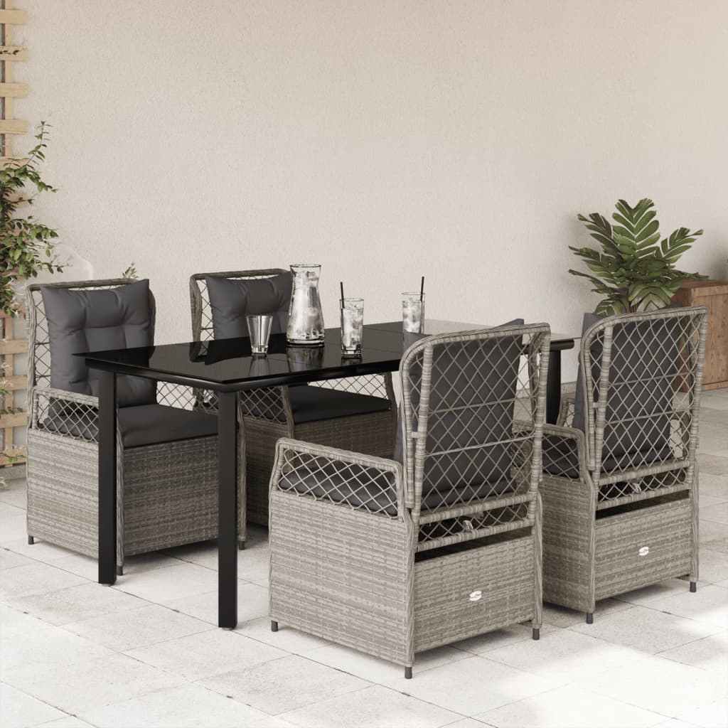 5-tlg. Garten-Essgruppe mit Kissen Hellgrau Poly Rattan