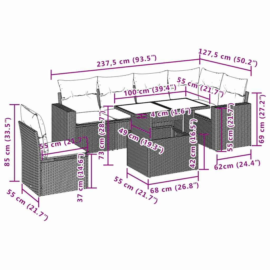 9-tlg. Garten-Sofagarnitur mit Kissen Hellgrau Poly Rattan