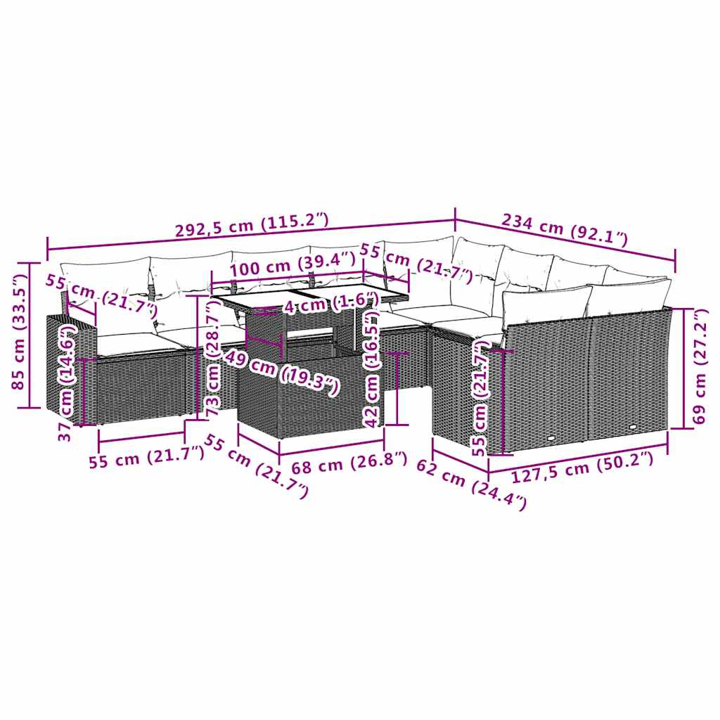 10-tlg. Garten-Sofagarnitur mit Kissen Hellgrau Poly Rattan