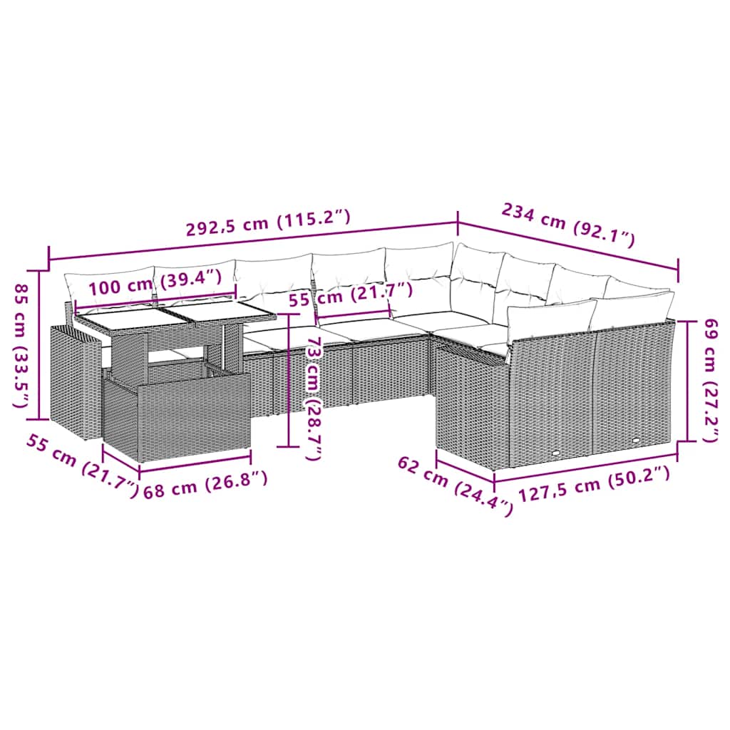 10-tlg. Garten-Sofagarnitur mit Kissen Hellgrau Poly Rattan