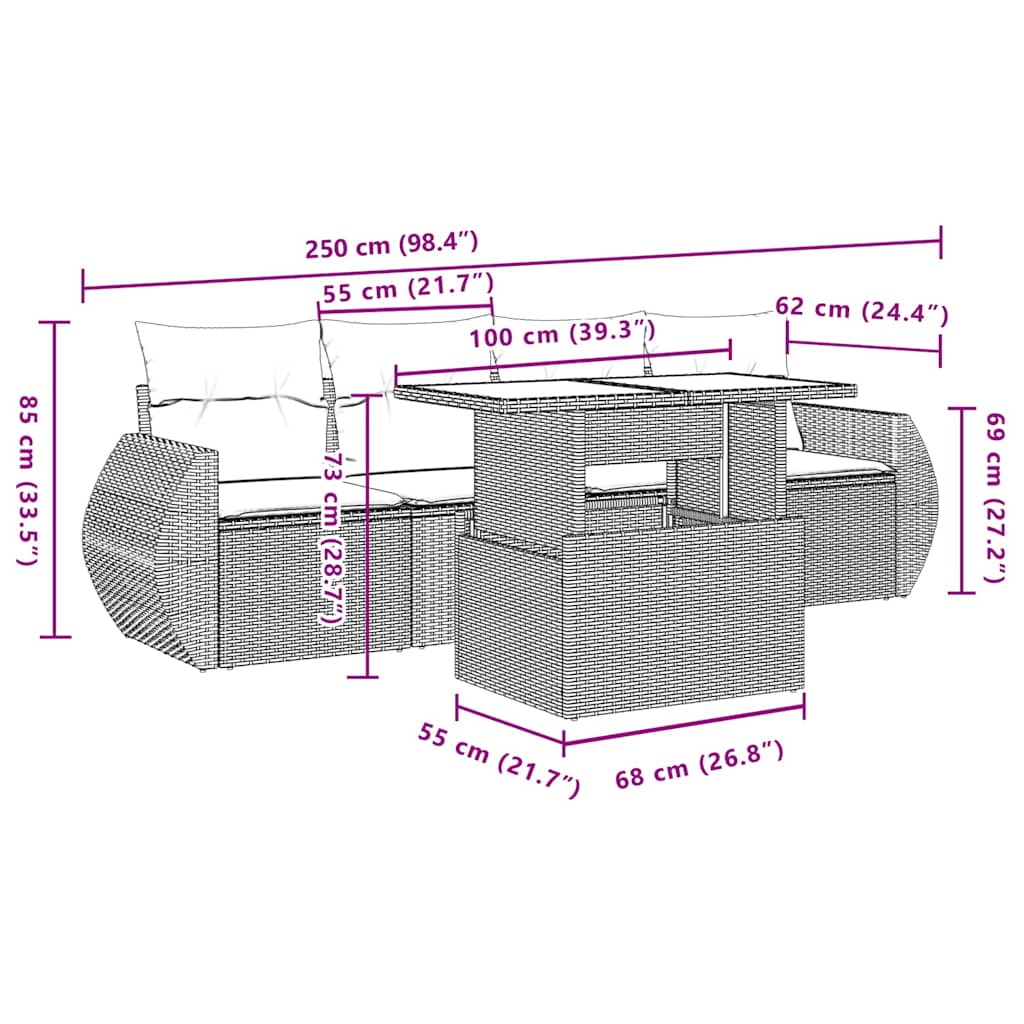 5-tlg. Garten-Sofagarnitur mit Kissen Grau Poly Rattan