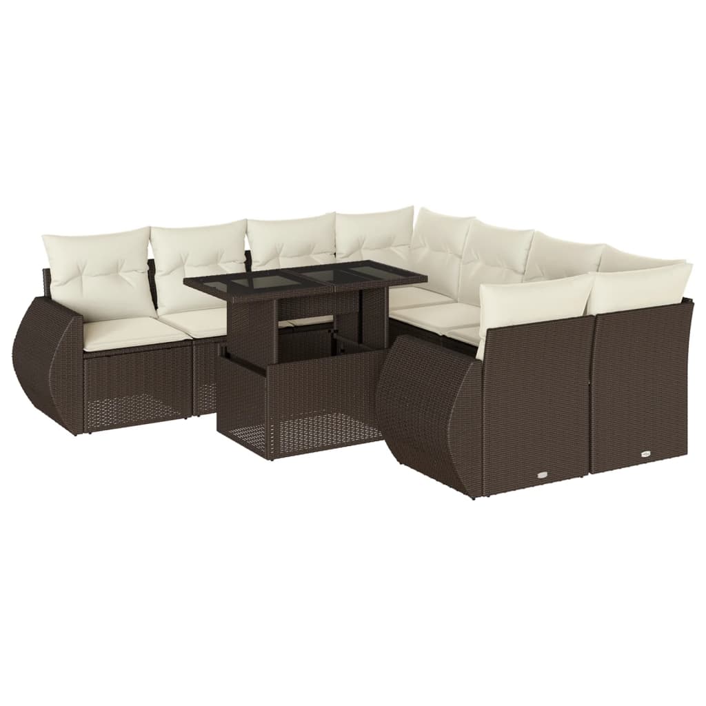 9-tlg. Garten-Sofagarnitur mit Kissen Braun Poly Rattan