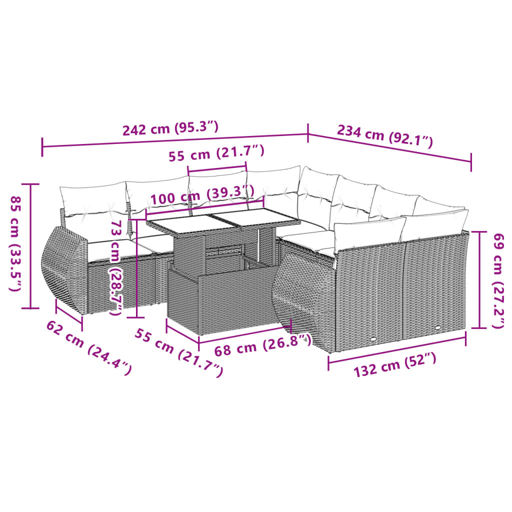 9-tlg. Garten-Sofagarnitur mit Kissen Braun Poly Rattan