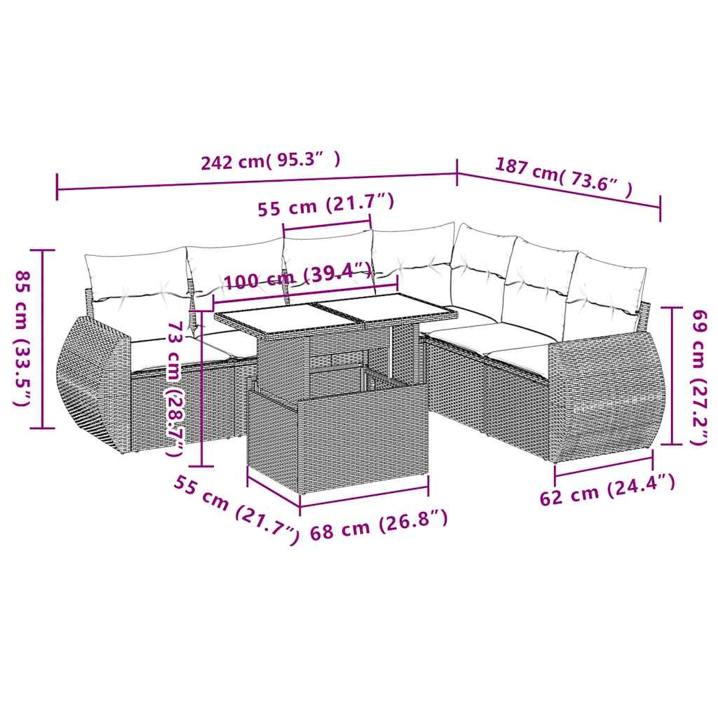 7-tlg. Garten-Sofagarnitur mit Kissen Beige Poly Rattan