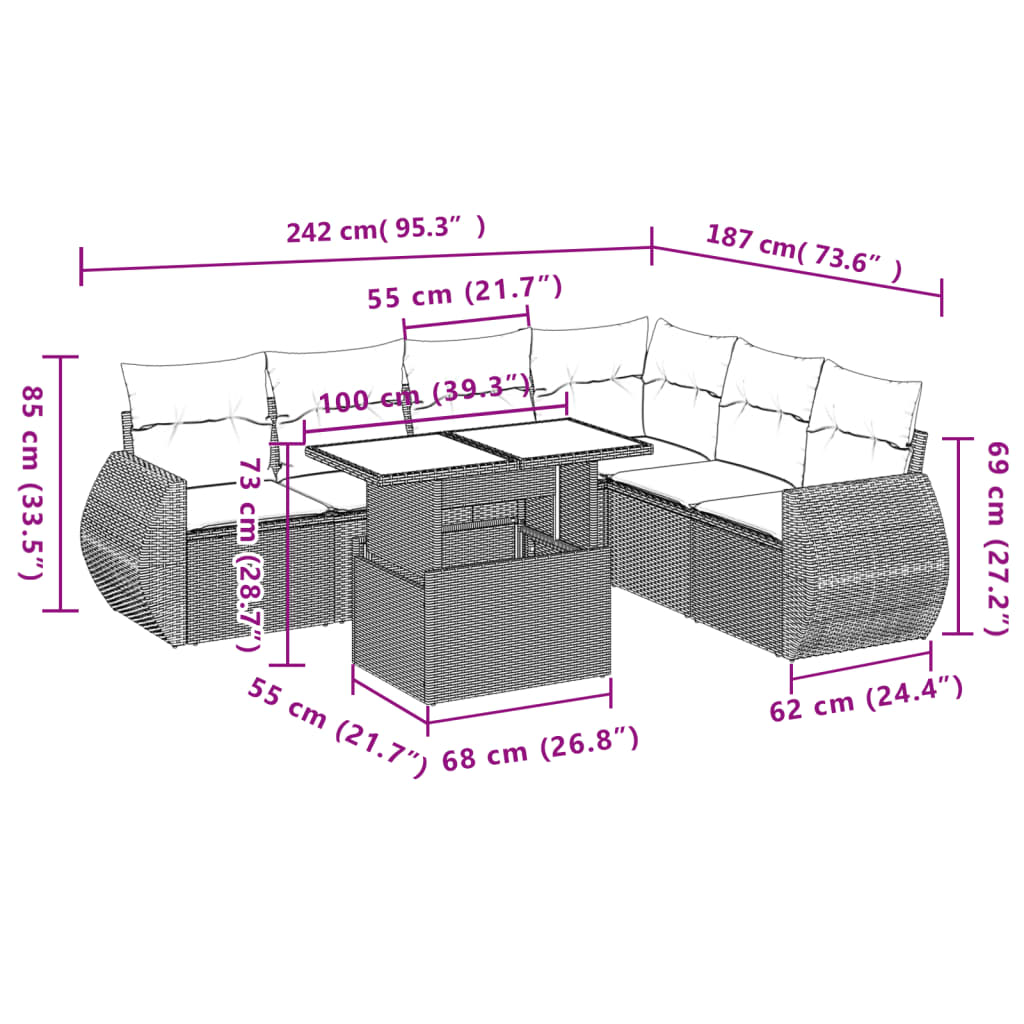 7-tlg. Garten-Sofagarnitur mit Kissen Braun Poly Rattan