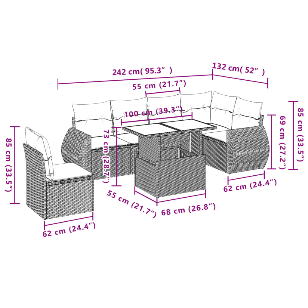7-tlg. Garten-Sofagarnitur mit Kissen Braun Poly Rattan