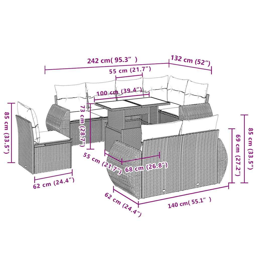 9-tlg. Garten-Sofagarnitur mit Kissen Beige Poly Rattan