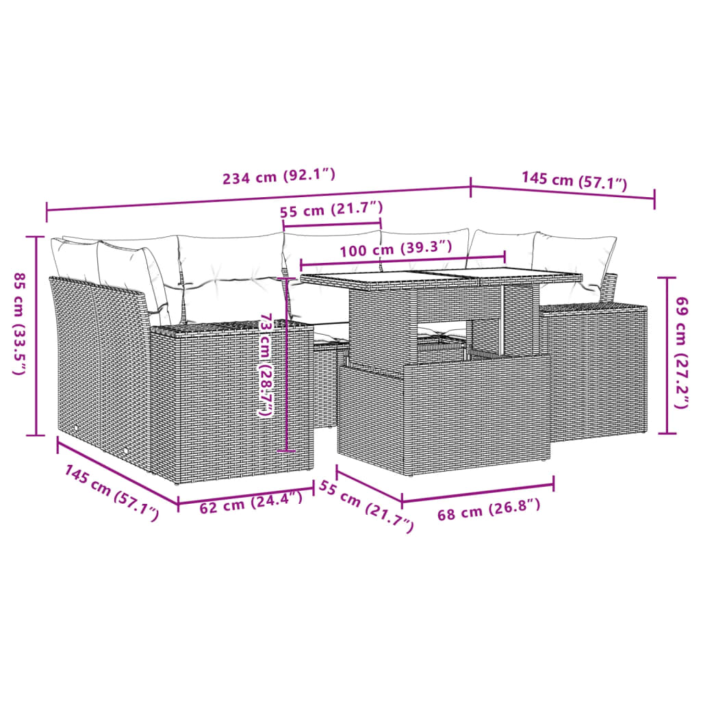 7-tlg. Garten-Sofagarnitur mit Kissen Braun Poly Rattan