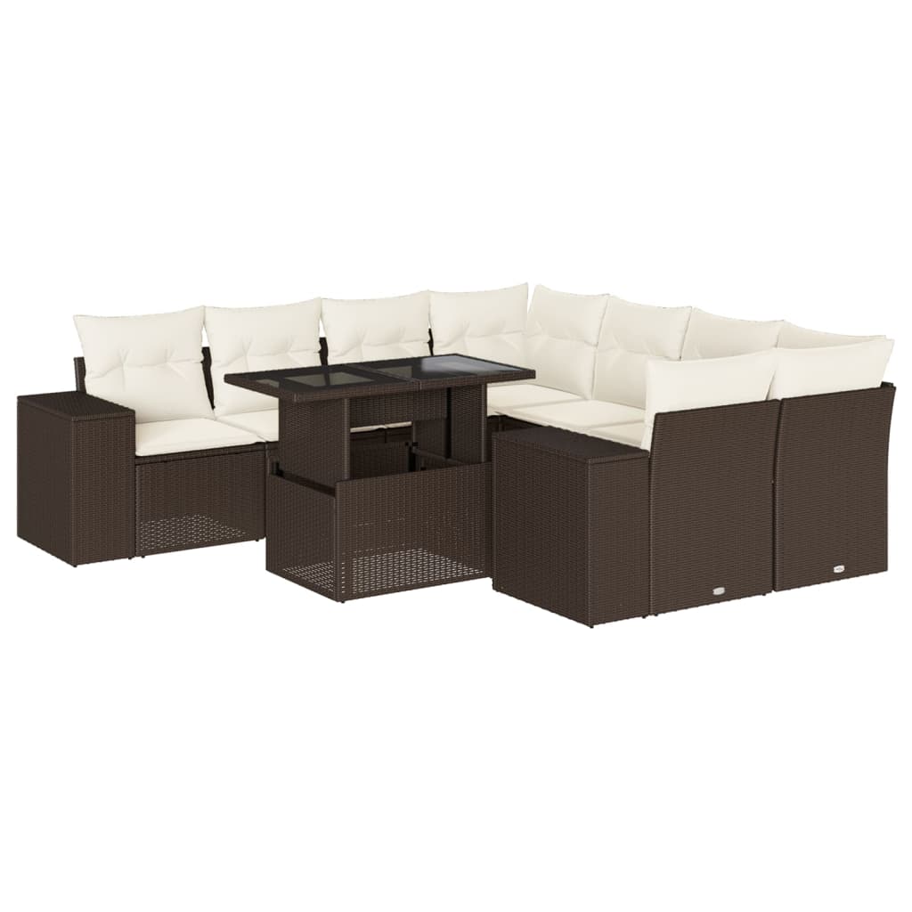 9-tlg. Garten-Sofagarnitur mit Kissen Braun Poly Rattan
