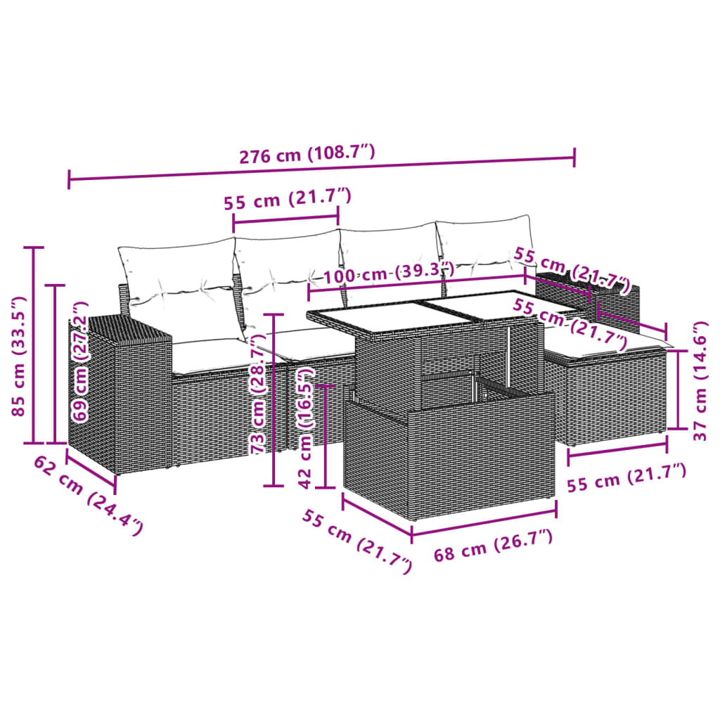 6-tlg. Garten-Sofagarnitur mit Kissen Braun Poly Rattan