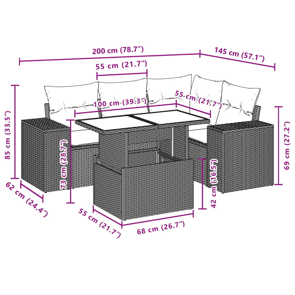 5-tlg. Garten-Sofagarnitur mit Kissen Braun Poly Rattan