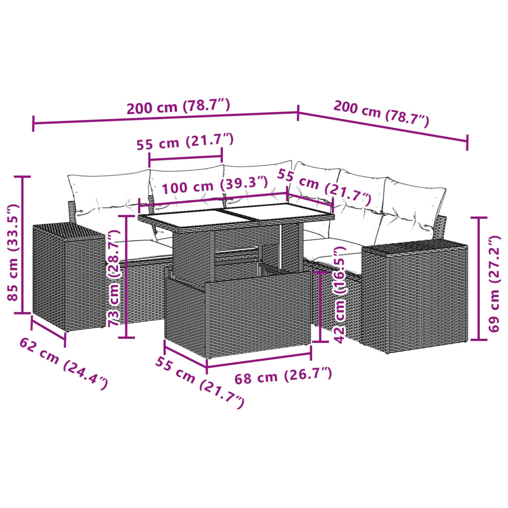 6-tlg. Garten-Sofagarnitur mit Kissen Braun Poly Rattan