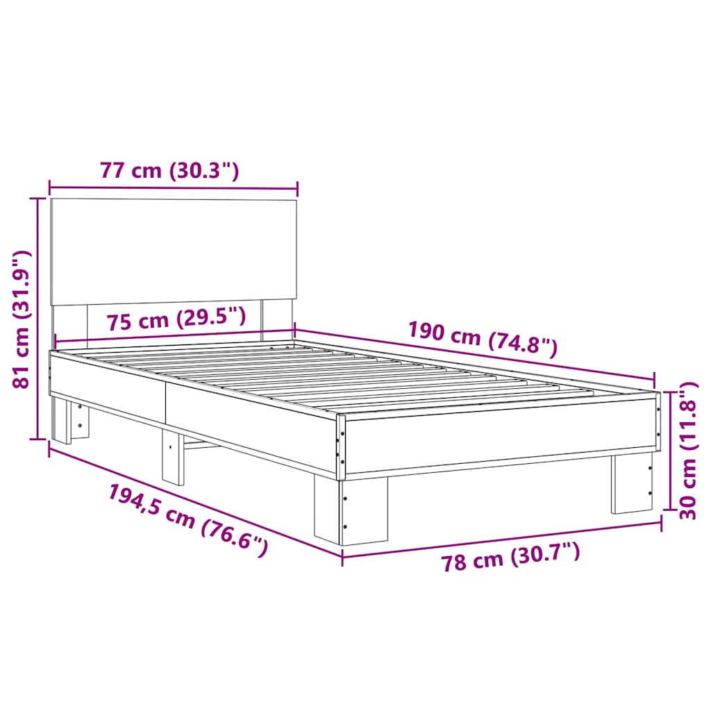 Bettgestell Sonoma-Eiche 75x190 cm Holzwerkstoff und Metall