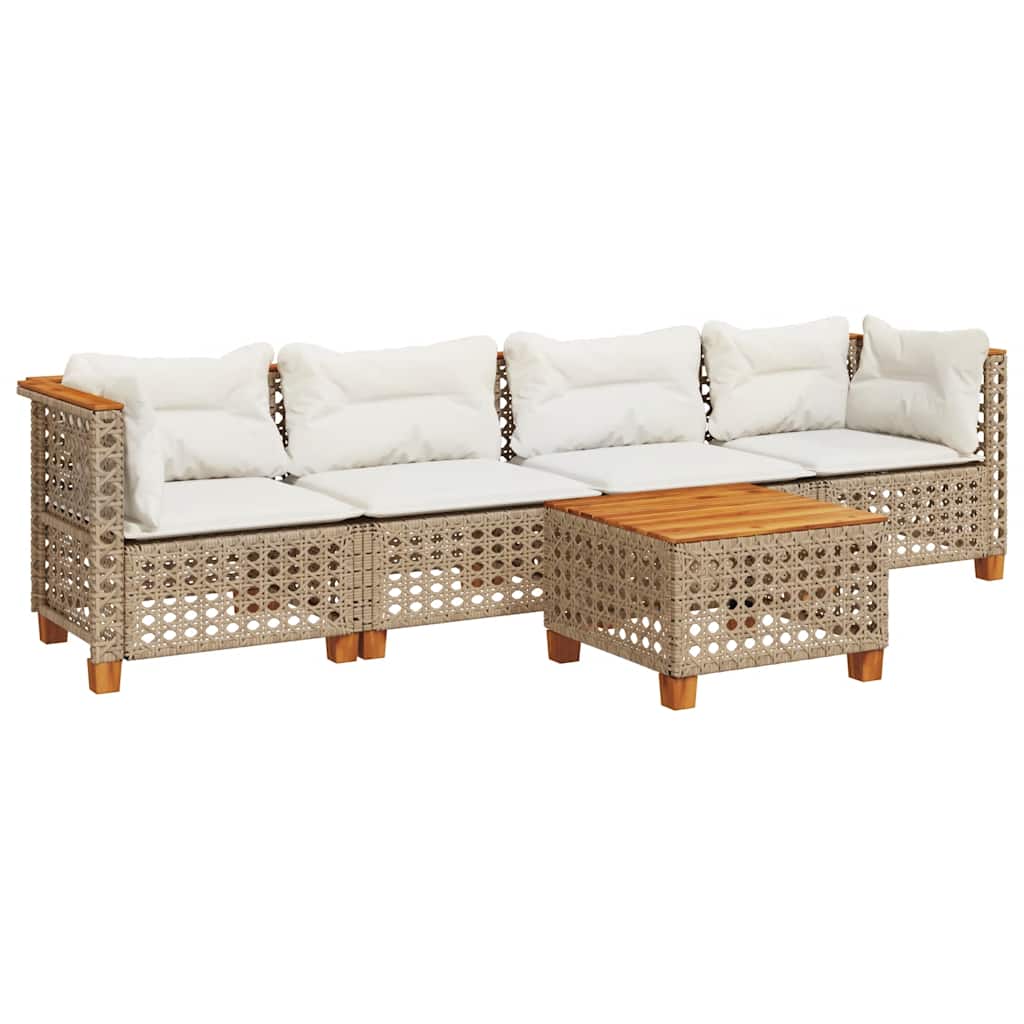 5-tlg. Garten-Sofagarnitur mit Kissen Beige Poly Rattan
