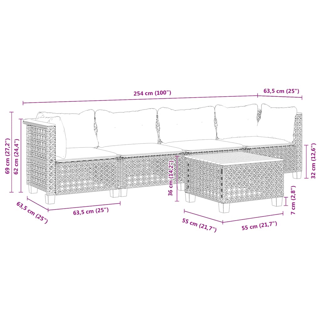 5-tlg. Garten-Sofagarnitur mit Kissen Beige Poly Rattan