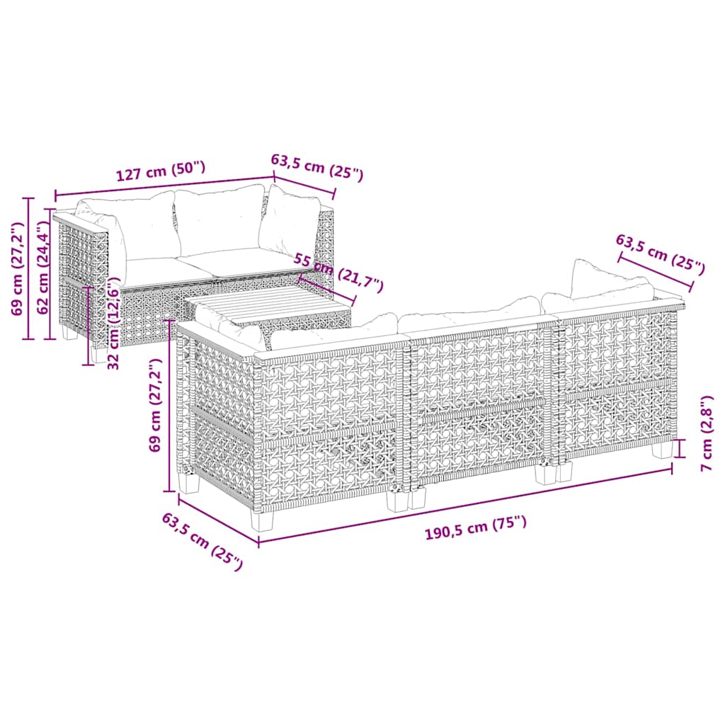 6-tlg. Garten-Sofagarnitur mit Kissen Beige Poly Rattan