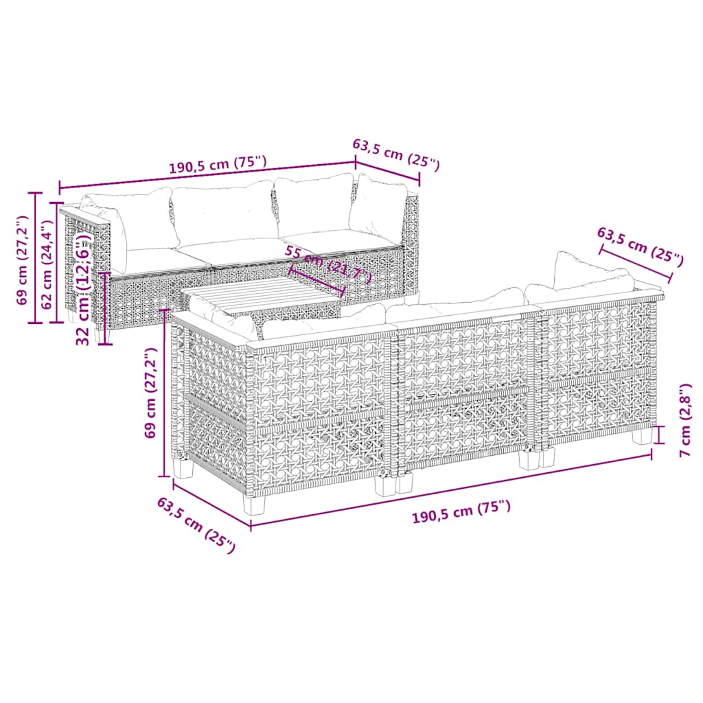 7-tlg. Garten-Sofagarnitur mit Kissen Beige Poly Rattan