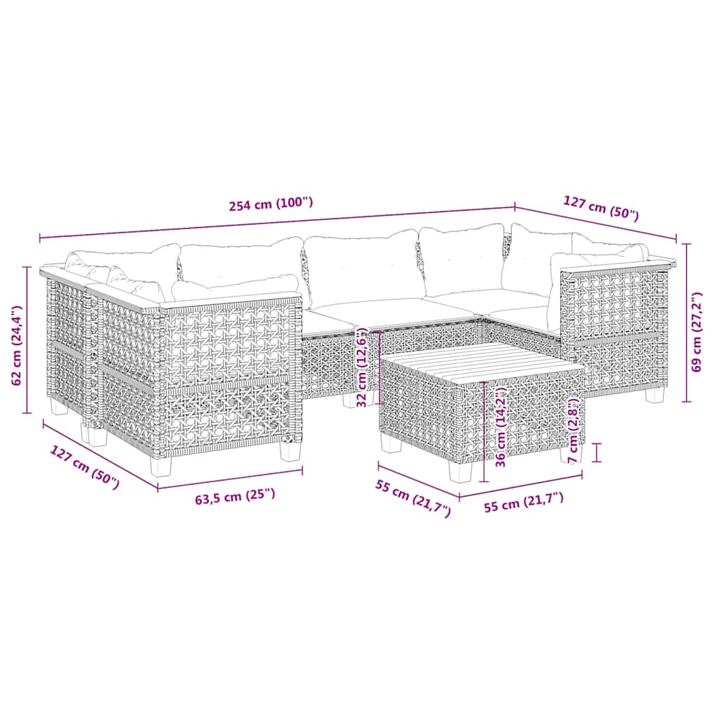 7-tlg. Garten-Sofagarnitur mit Kissen Beige Poly Rattan