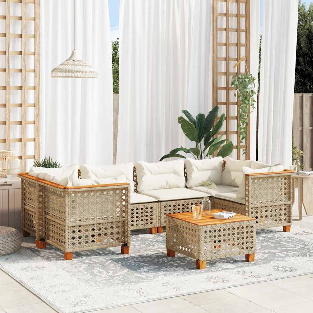7-tlg. Garten-Sofagarnitur mit Kissen Beige Poly Rattan