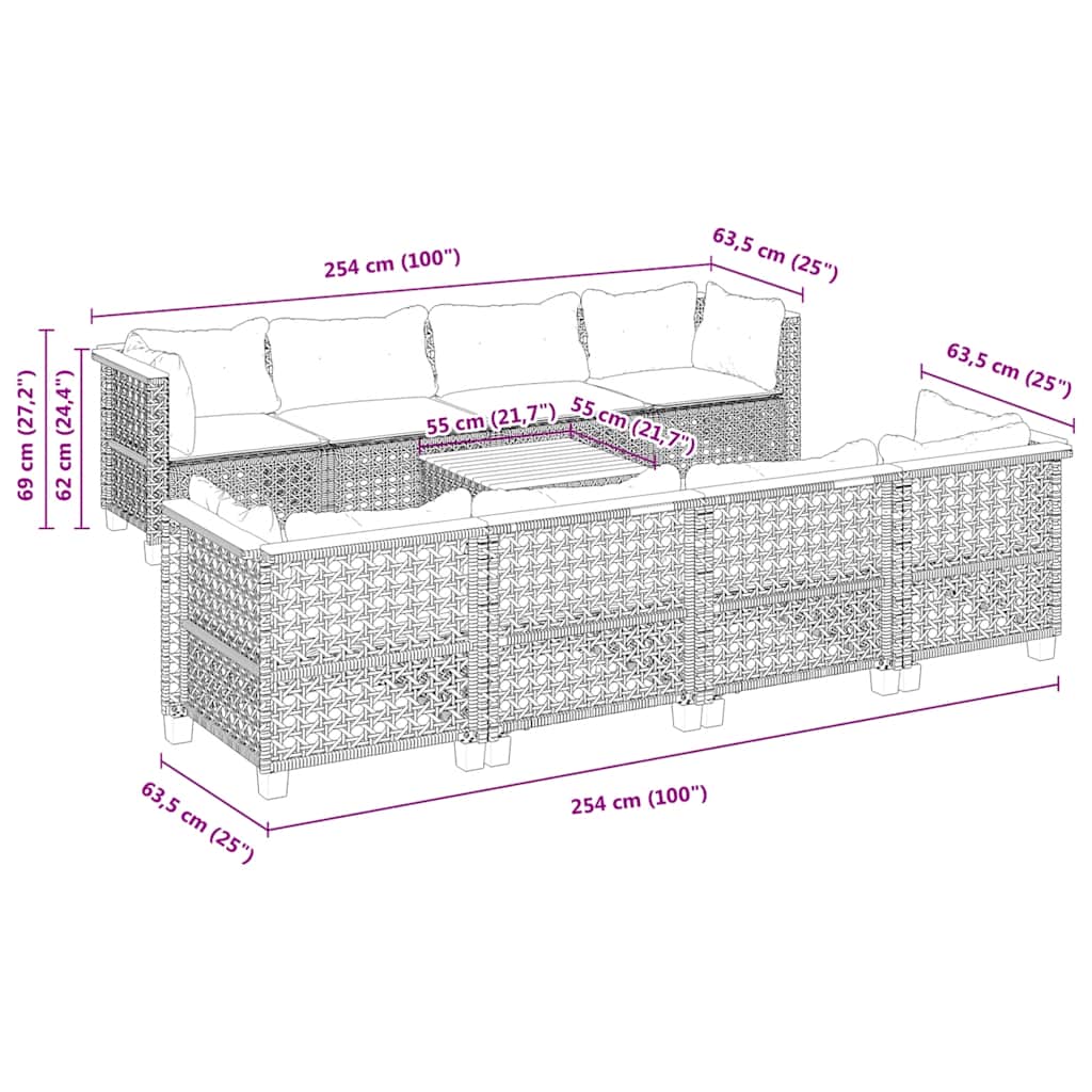 9-tlg. Garten-Sofagarnitur mit Kissen Beige Poly Rattan