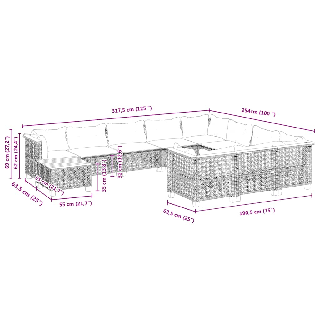 11-tlg. Garten-Sofagarnitur mit Kissen Beige Poly Rattan