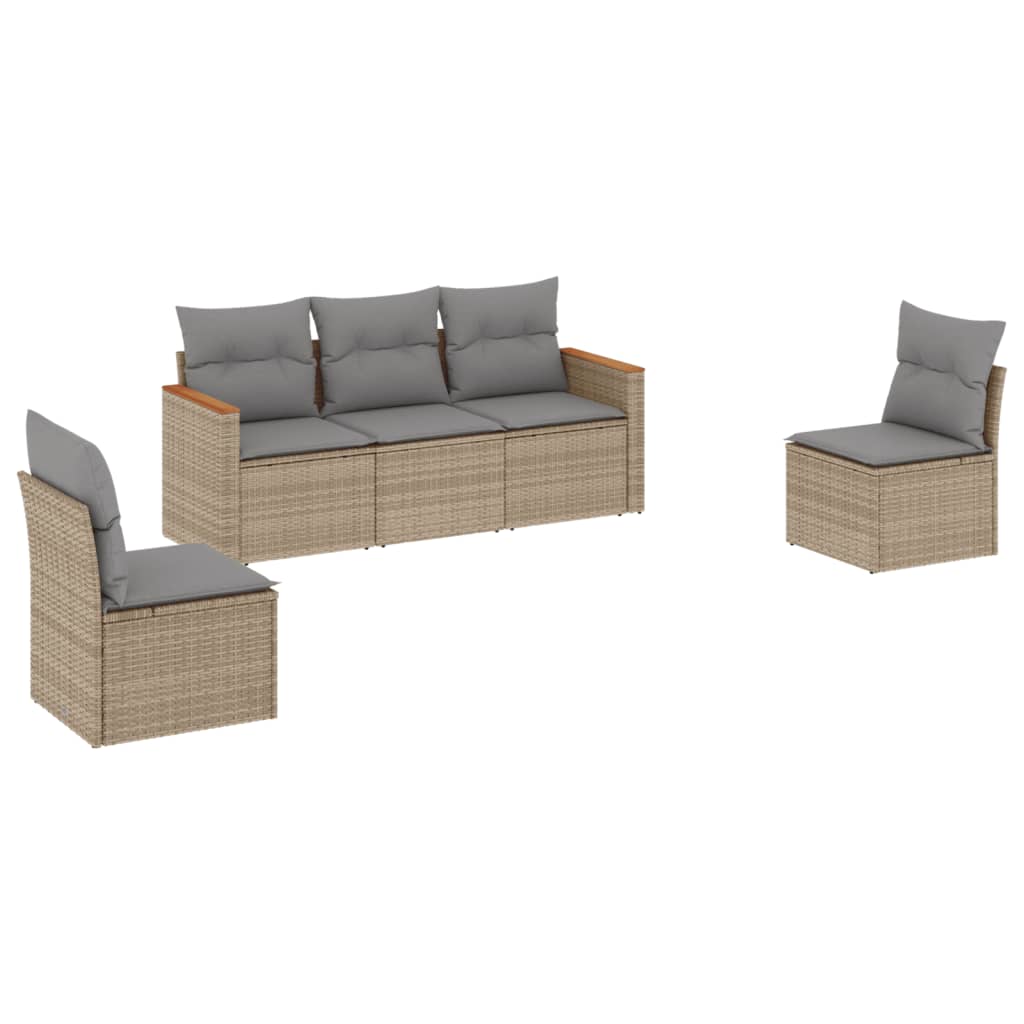 5-tlg. Garten-Sofagarnitur mit Kissen Beige Poly Rattan