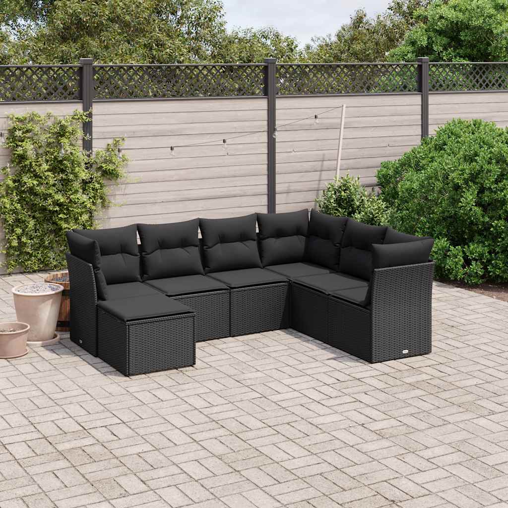 7-tlg. Garten-Sofagarnitur mit Kissen Schwarz Poly Rattan