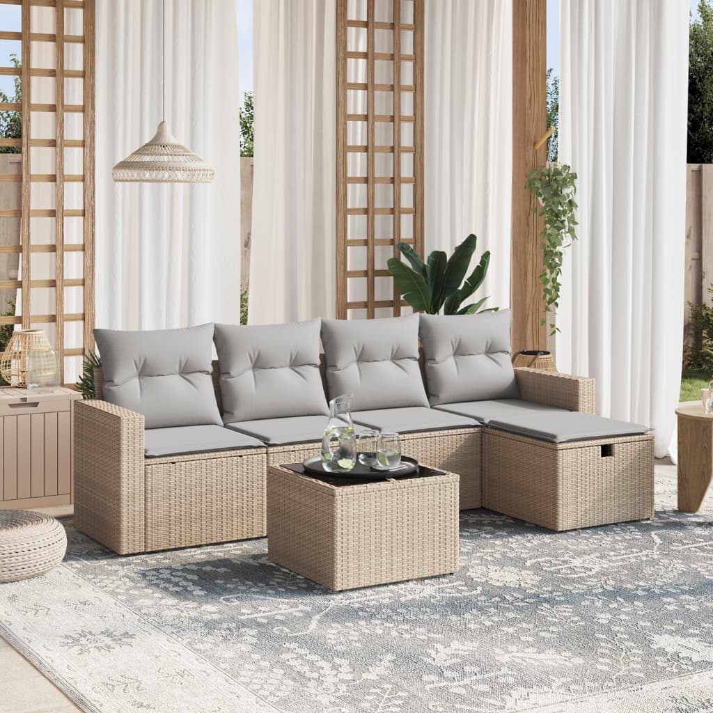 6-tlg. Garten-Sofagarnitur mit Kissen Beige Poly Rattan