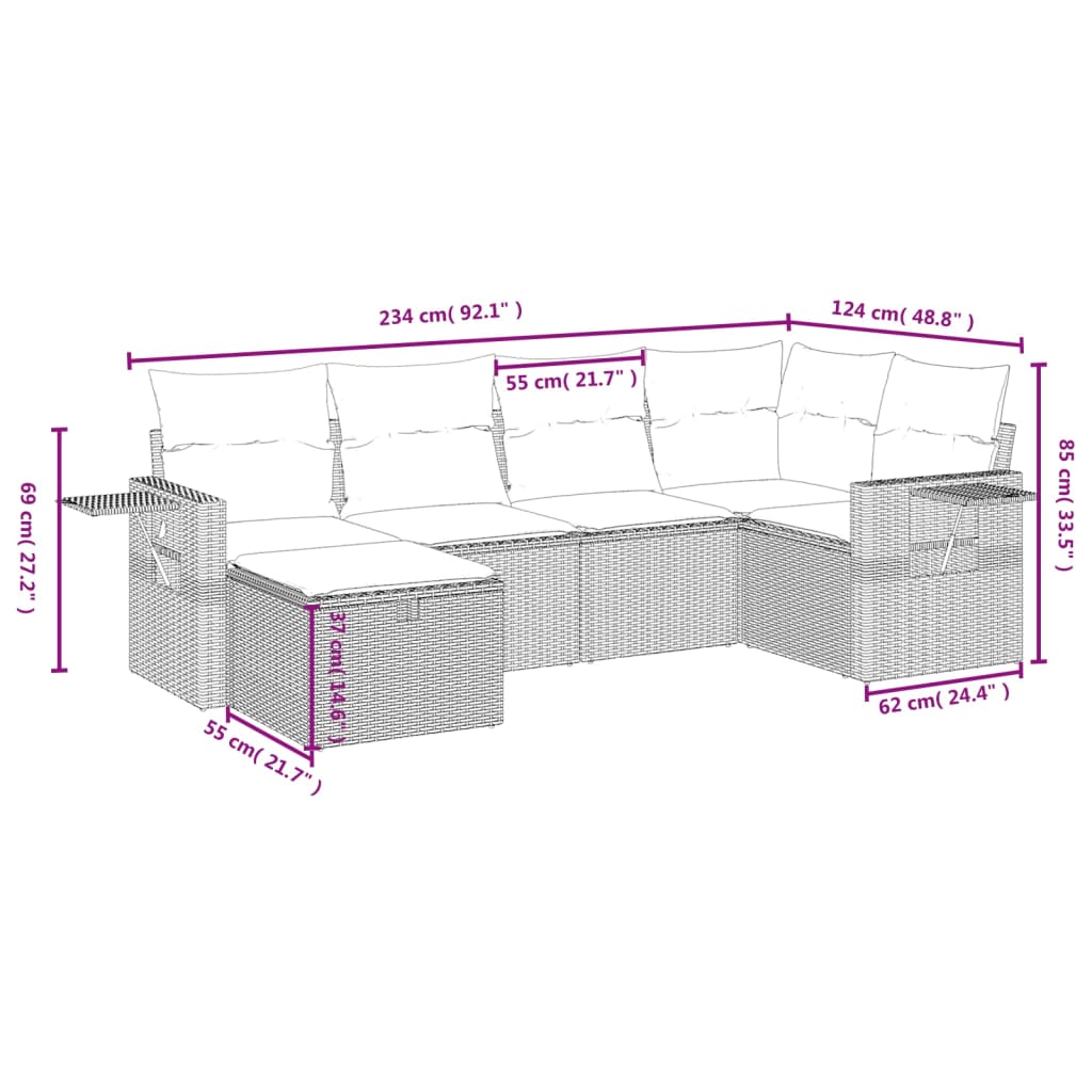 6-teiliges Gartensofa-Set mit Kissen, braun, Polyrattan