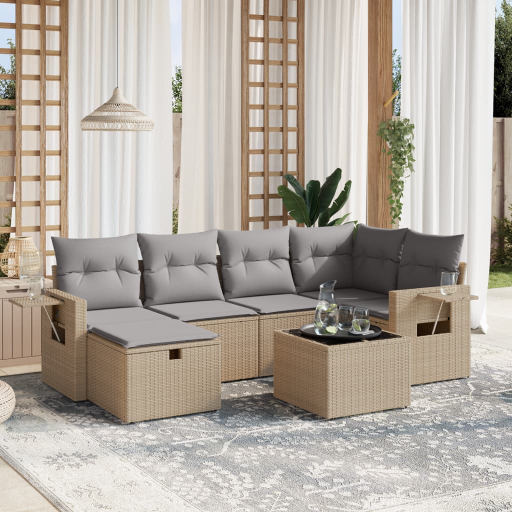 7-tlg. Garten-Sofagarnitur mit Kissen Beige Poly Rattan