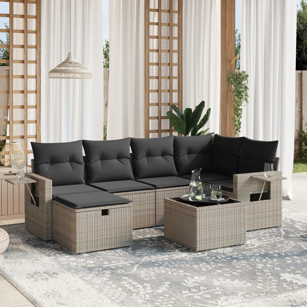 7-tlg. Garten-Sofagarnitur mit Kissen Grau Poly Rattan