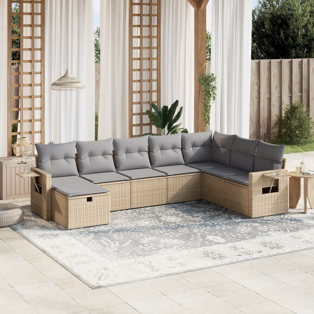 8-tlg. Garten-Sofagarnitur mit Kissen Beige Poly Rattan
