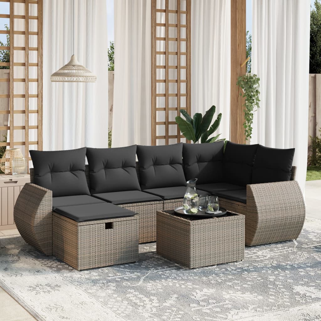 7-tlg. Garten-Sofagarnitur mit Kissen Grau Poly Rattan