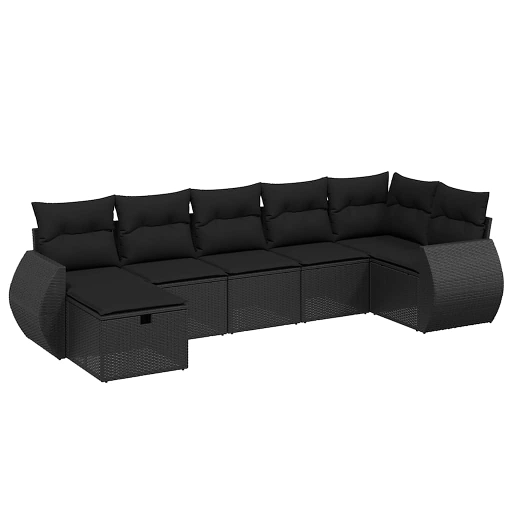 7-tlg. Garten-Sofagarnitur mit Kissen Schwarz Poly Rattan