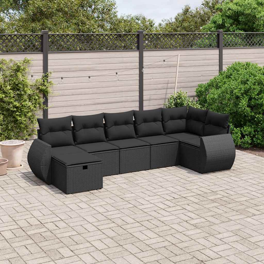 7-tlg. Garten-Sofagarnitur mit Kissen Schwarz Poly Rattan