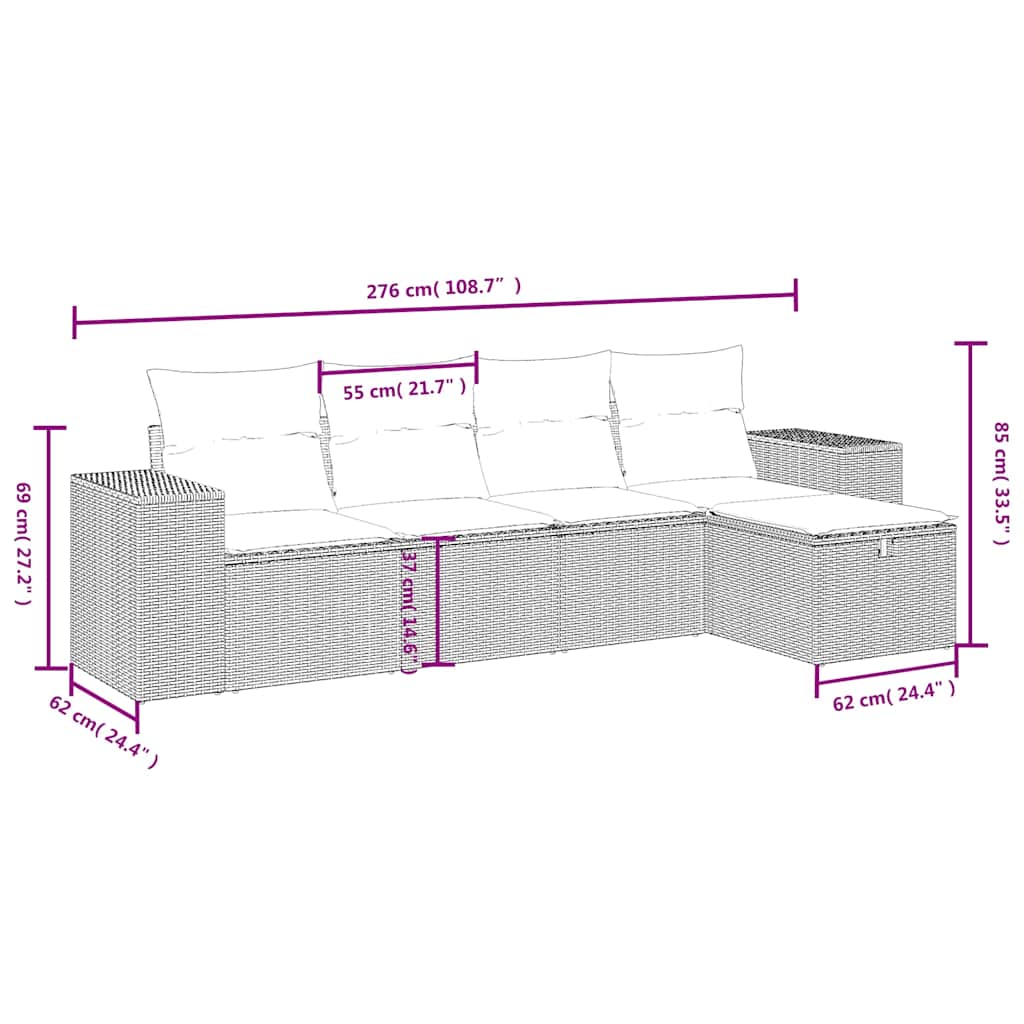 5-tlg. Garten-Sofagarnitur mit Kissen Schwarz Poly Rattan