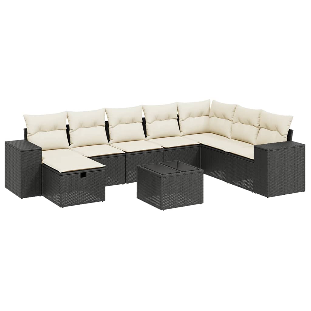 9-tlg. Garten-Sofagarnitur mit Kissen Schwarz Poly Rattan