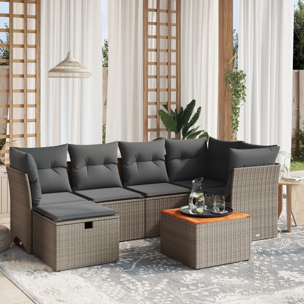 7-tlg. Garten-Sofagarnitur mit Kissen Grau Poly Rattan