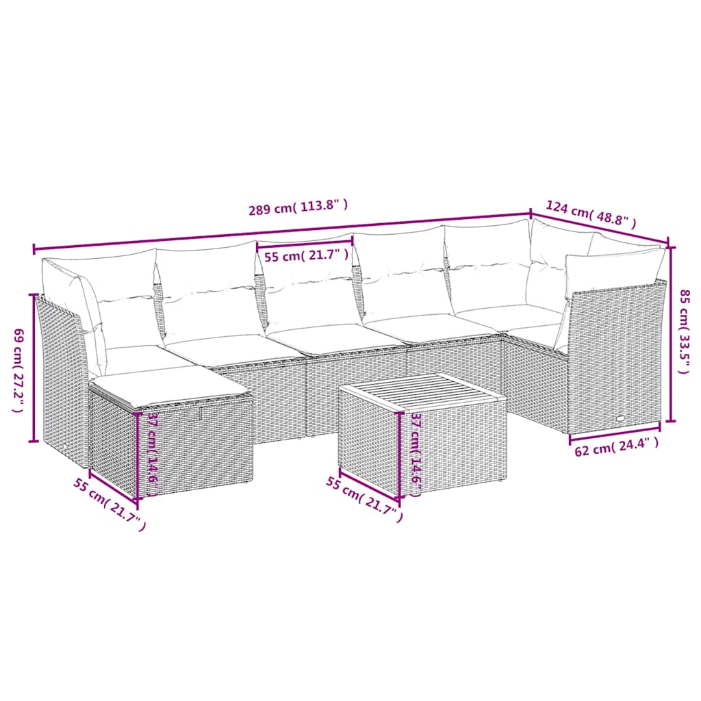 8-tlg. Garten-Sofagarnitur mit Kissen Beige Poly Rattan