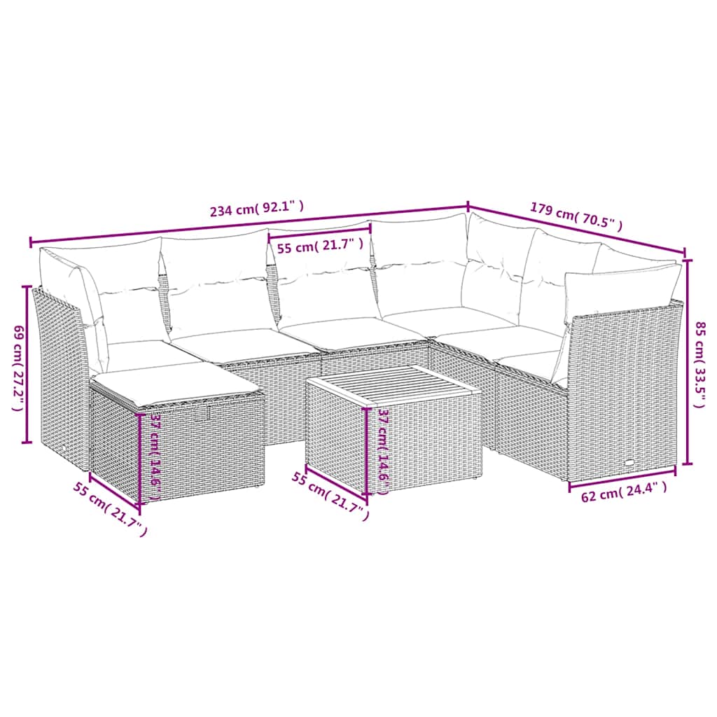 8-tlg. Garten-Sofagarnitur mit Kissen Beige Poly Rattan
