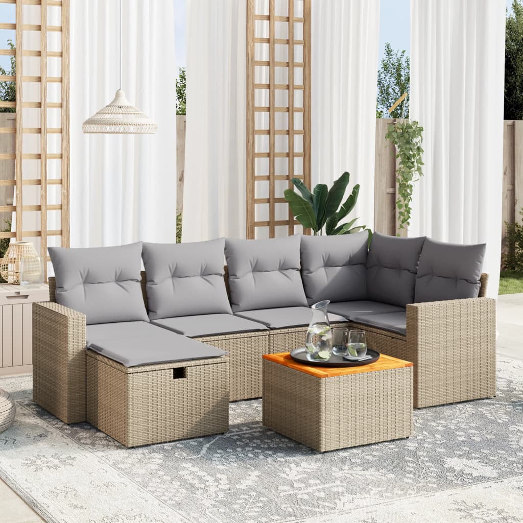 7-tlg. Garten-Sofagarnitur mit Kissen Beige Poly Rattan