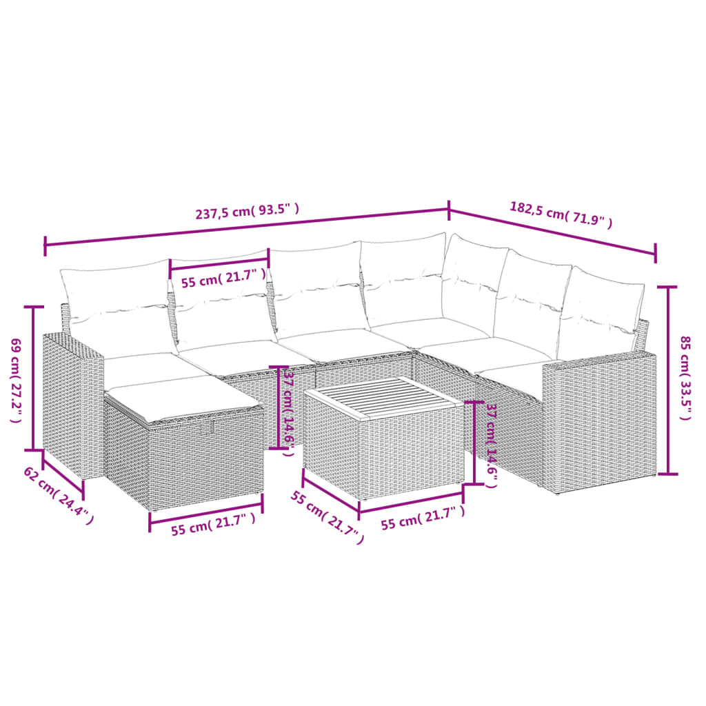 8-tlg. Garten-Sofagarnitur mit Kissen Beige Poly Rattan