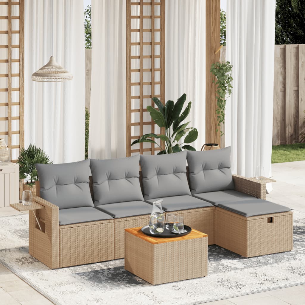 6-tlg. Garten-Sofagarnitur mit Kissen Beige Poly Rattan